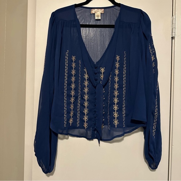 Band of Gypsies Blue Sheer Gold Tie Neck Long Slv Peasant Top Boho size L - Picture 1 of 5